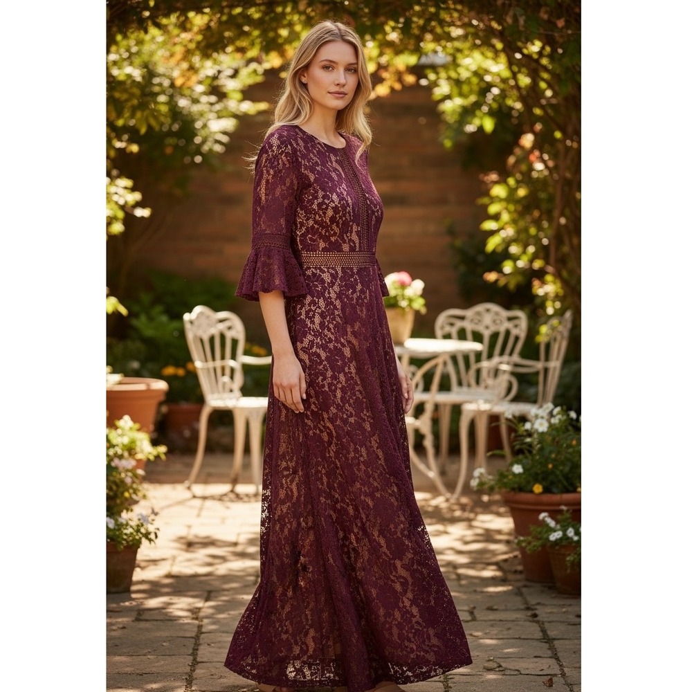Missmay Burgundy Floral Lace Maxi Dress Bell Sleeve Retro Gorgeous City Small